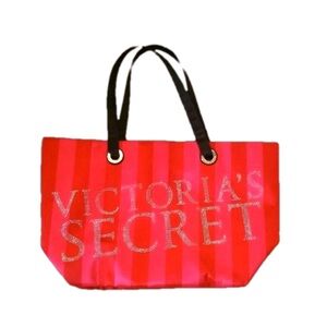 EUC Victoria Secret Hot Pink/ Red stripe with sequins Large Shoulder Tote